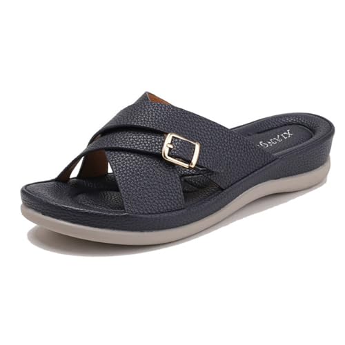 Sommer-Slipper Mit Plateausohle Und Keilabsatz, Damen-Sandalen In Übergröße Mit Offenem Zehenbereich Und Gekreuzten Riemchen Niedrigem Keilabsatz, Rutschfeste Atmungsaktive Outdoor(Blue,38 EU) von YJMZDZQ