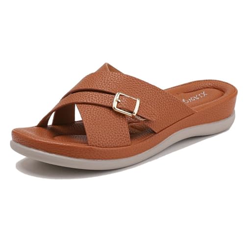 Sommer-Slipper Mit Plateausohle Und Keilabsatz, Damen-Sandalen In Übergröße Mit Offenem Zehenbereich Und Gekreuzten Riemchen Niedrigem Keilabsatz, Rutschfeste Atmungsaktive Outdoor(Brown,40 EU) von YJMZDZQ