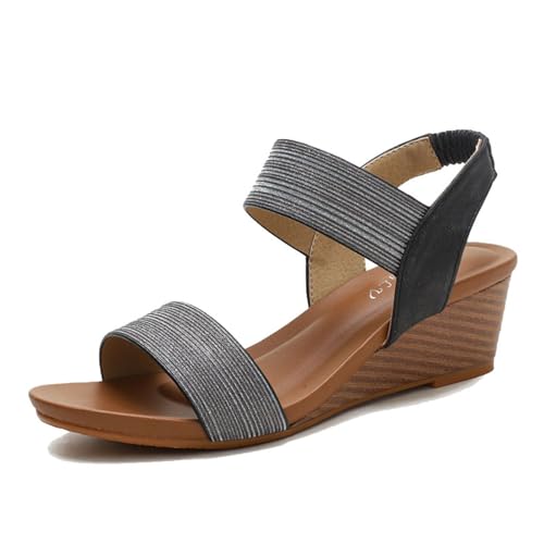 Sommersandalen Mit Keilabsatz Damen-Sandalen Mit Offenem Zehenbereich Elastischem Knöchelriemen Und Plateausohle rutschfest Bequeme Atmungsaktive Römerschuhe In Übergröße， Für Reisen(Black,40 EU) von YJMZDZQ