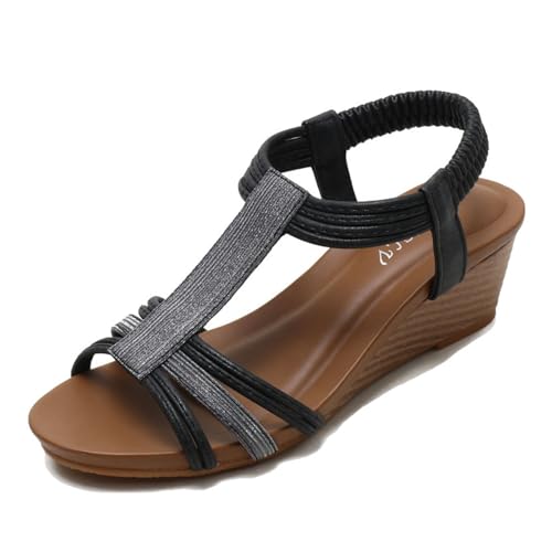 Stilvolle Sommer-Strandsandalen, Damen-Retro-Sandalen Mit Elastischem Knöchelriemen Und Offener Spitze Keilabsatz, Atmungsaktive Plateau-Schuhe Mit Römischem Muster, Für Im Freien(Black,39 EU) von YJMZDZQ
