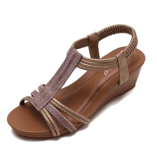 Stilvolle Sommer-Strandsandalen, Damen-Retro-Sandalen Mit Elastischem Knöchelriemen Und Offener Spitze Keilabsatz, Atmungsaktive Plateau-Schuhe Mit Römischem Muster, Für Im Freien(Bronze,39 EU) von YJMZDZQ