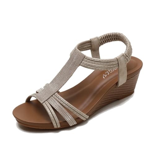 Stilvolle Sommer-Strandsandalen, Damen-Retro-Sandalen Mit Elastischem Knöchelriemen Und Offener Spitze Keilabsatz, Atmungsaktive Plateau-Schuhe Mit Römischem Muster, Für Im Freien(Gold,37 EU) von YJMZDZQ