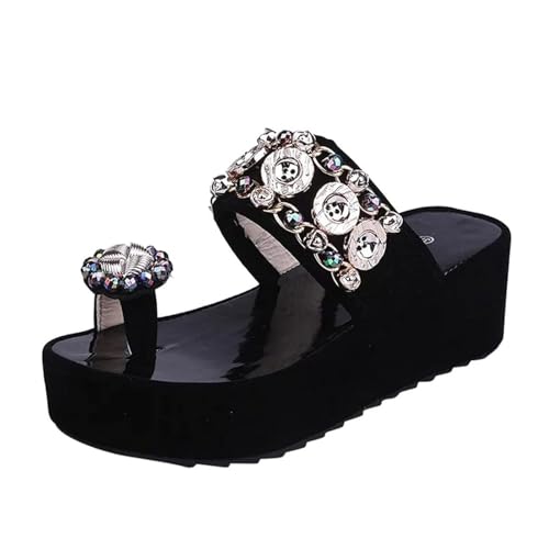 Strand-Flip-Flops, Damen-Sandalen Mit Offenem Zehenbereich Plateau-Keilabsatz Und Strasssteinen, Bequeme Atmungsaktive Hausschuhe, Passend Zu Allen Kleidungsstücken Wie Freizeithosen(Black,36 EU) von YJMZDZQ