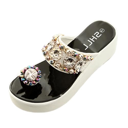 Strand-Flip-Flops, Damen-Sandalen Mit Offenem Zehenbereich Plateau-Keilabsatz Und Strasssteinen, Bequeme Atmungsaktive Hausschuhe, Passend Zu Allen Kleidungsstücken Wie Freizeithosen(White,38 EU) von YJMZDZQ