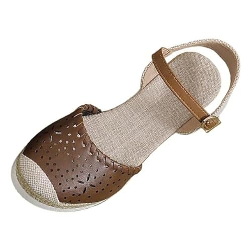 Strandschuhe Für Damen, Modische Sandalen Mit Blumenmuster Geschlossener Zehenpartie Verstellbarem Schnallenriemen Und Keilabsatz, Rutschfest Römerschuhe(B brown,40 EU) von YJMZDZQ