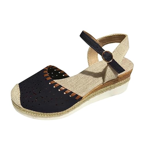 Strandschuhe Für Damen, Modische Sandalen Mit Blumenmuster Geschlossener Zehenpartie Verstellbarem Schnallenriemen Und Keilabsatz, Rutschfest Römerschuhe(Black,39 EU) von YJMZDZQ