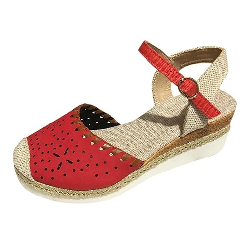 Strandschuhe Für Damen, Modische Sandalen Mit Blumenmuster Geschlossener Zehenpartie Verstellbarem Schnallenriemen Und Keilabsatz, Rutschfest Römerschuhe(Red,37 EU) von YJMZDZQ