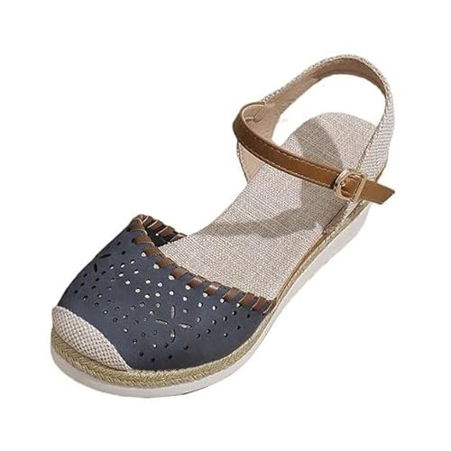 Strandschuhe Für Damen, Modische Sandalen Mit Blumenmuster Geschlossener Zehenpartie Verstellbarem Schnallenriemen Und Keilabsatz, Rutschfest Römerschuhe(Navy blue,42 EU) von YJMZDZQ