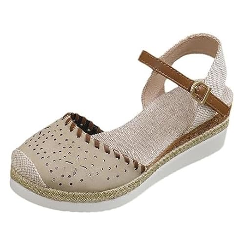 Strandschuhe Für Damen, Modische Sandalen Mit Blumenmuster Geschlossener Zehenpartie Verstellbarem Schnallenriemen Und Keilabsatz, Rutschfest Römerschuhe(Off-white,42 EU) von YJMZDZQ