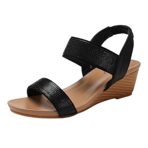 YJMZDZQ Bequeme Keilabsatzschuhe, Sommerliche Strandsandalen Mit Elastischem Knöchelriemen Und Strasssteinen Im Boho-Stil Mit Offener Spitze Für Damen, Elegante Atmungsaktive rutschfeste(Black,40 EU) von YJMZDZQ