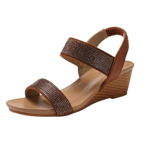 YJMZDZQ Bequeme Keilabsatzschuhe, Sommerliche Strandsandalen Mit Elastischem Knöchelriemen Und Strasssteinen Im Boho-Stil Mit Offener Spitze Für Damen, Elegante Atmungsaktive rutschfeste(Camel,36 EU) von YJMZDZQ