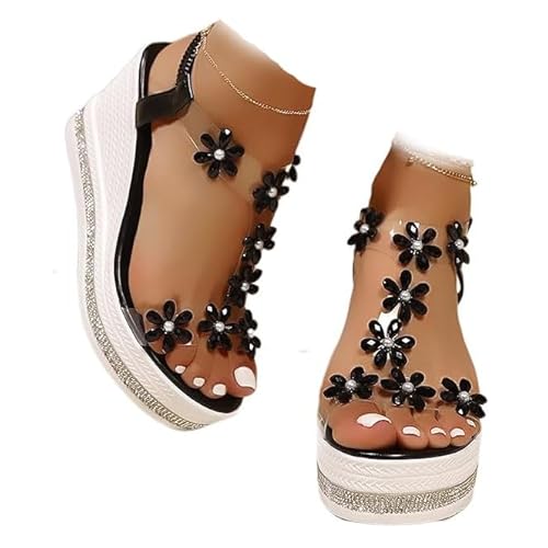 YJMZDZQ Damen-Freizeitschuhe Für Den Strand, Damen-Sandalen Mit Offenem Zehenbereich Elastischem Knöchelriemen Und Keilabsatz Strass Und Blumenmotiv, Bequeme Sommer-Sandalen Plateausohle(Black,37 EU) von YJMZDZQ