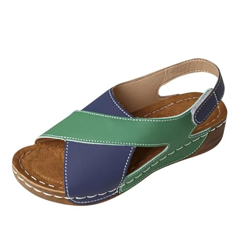 YJMZDZQ Damen-Keilsandalen Outdoor-Sandalen Mit Überkreuzten Riemen Offener Zehenpartie Verstellbarem Knöchelriemen Und Keilabsatz, Atmungsaktive Sommer-Strandschuhe(Blue and green,42 EU) von YJMZDZQ