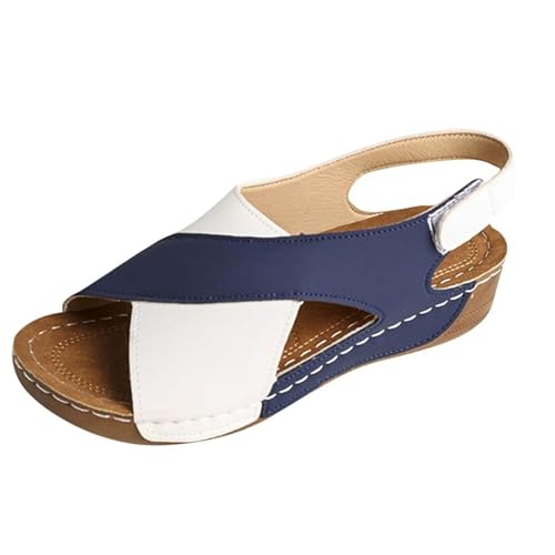 YJMZDZQ Damen-Keilsandalen Outdoor-Sandalen Mit Überkreuzten Riemen Offener Zehenpartie Verstellbarem Knöchelriemen Und Keilabsatz, Atmungsaktive Sommer-Strandschuhe(Blue and white,37 EU) von YJMZDZQ