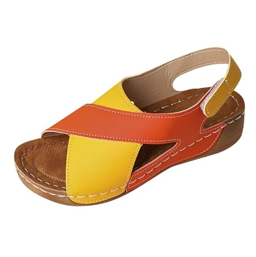 YJMZDZQ Damen-Keilsandalen Outdoor-Sandalen Mit Überkreuzten Riemen Offener Zehenpartie Verstellbarem Knöchelriemen Und Keilabsatz, Atmungsaktive Sommer-Strandschuhe(Orange,37 EU) von YJMZDZQ