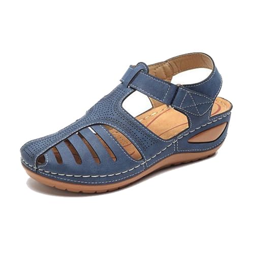 YJMZDZQ Damen-Plateau-Sandalen Keilabsatz, Retro-Sandalen Mit Verstellbarem Knöchelriemen Und Geschlossener Zehenpartie Im Vintage-Stil Mit Hohlkeilabsatz, Anti-Rutsch-Schuh Weichem Sohle(Blue,43 EU) von YJMZDZQ