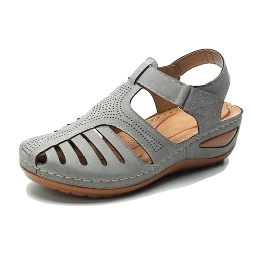 YJMZDZQ Damen-Plateau-Sandalen Keilabsatz, Retro-Sandalen Mit Verstellbarem Knöchelriemen Und Geschlossener Zehenpartie Im Vintage-Stil Mit Hohlkeilabsatz, Anti-Rutsch-Schuh Weichem Sohle(Gris,36 EU) von YJMZDZQ