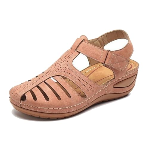 YJMZDZQ Damen-Plateau-Sandalen Keilabsatz, Retro-Sandalen Mit Verstellbarem Knöchelriemen Und Geschlossener Zehenpartie Im Vintage-Stil Mit Hohlkeilabsatz, Anti-Rutsch-Schuh Weichem Sohle(Pink,39 EU) von YJMZDZQ