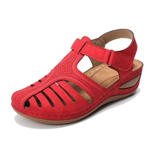 YJMZDZQ Damen-Plateau-Sandalen Keilabsatz, Retro-Sandalen Mit Verstellbarem Knöchelriemen Und Geschlossener Zehenpartie Im Vintage-Stil Mit Hohlkeilabsatz, Anti-Rutsch-Schuh Weichem Sohle(Red,42 EU) von YJMZDZQ