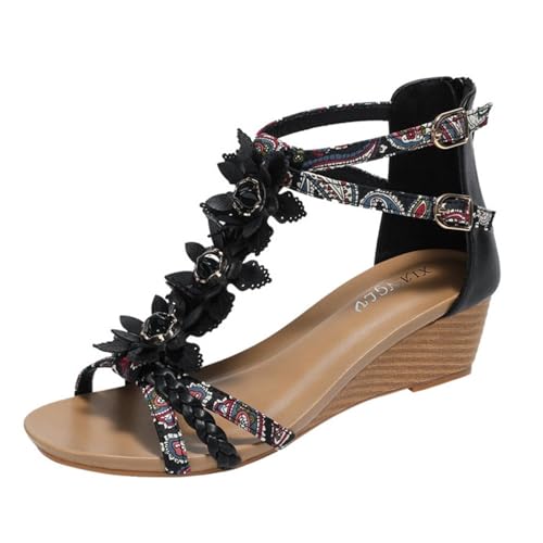 YJMZDZQ Damen-Sandalen Mit Geflochtener Blume Und Offenem Zehenbereich Im Boho-Stil Mit Reißverschluss Hinten， Plateau-Schuhe Verstellbarer Schnalle Römischen Akzenten， Passend Zu Allen(Black,36 EU) von YJMZDZQ