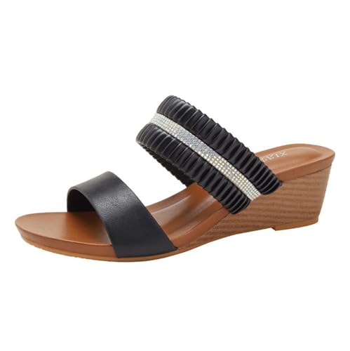 YJMZDZQ Damen-Sandalen Mit Offenem Zehenbereich, Elastischem Knöchelriemen Und Plateau-Keilabsatz, Modische Atmungsaktive Und Rutschfeste Strandsandalen Für Den Außenbereich, Für Familie(Black,40 EU) von YJMZDZQ