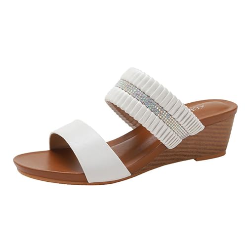 YJMZDZQ Damen-Sandalen Mit Offenem Zehenbereich, Elastischem Knöchelriemen Und Plateau-Keilabsatz, Modische Atmungsaktive Und Rutschfeste Strandsandalen Für Den Außenbereich, Für Familie(White,42 EU) von YJMZDZQ