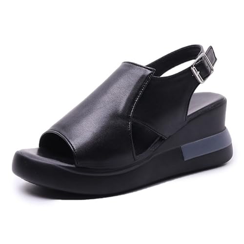 YJMZDZQ Damen Sommer-Sandalen Mit Verstellbarer Schnalle Und Fischmaul-Plateau-Keilabsatz, Leicht Zu Tragende Sandalen Mit Offener Zehenpartie Rutschfeste Atmungsaktive(Black,36 EU) von YJMZDZQ