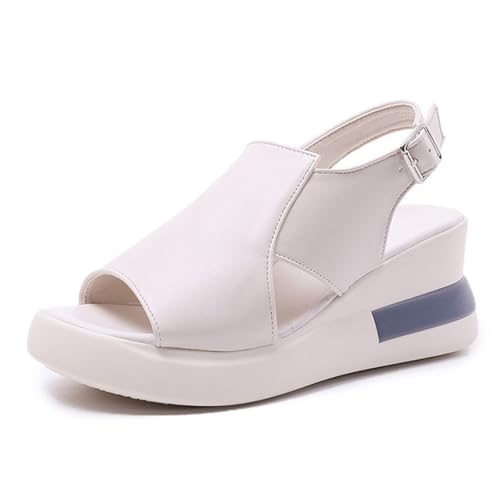 YJMZDZQ Damen Sommer-Sandalen Mit Verstellbarer Schnalle Und Fischmaul-Plateau-Keilabsatz, Leicht Zu Tragende Sandalen Mit Offener Zehenpartie Rutschfeste Atmungsaktive(Off-white,36 EU) von YJMZDZQ