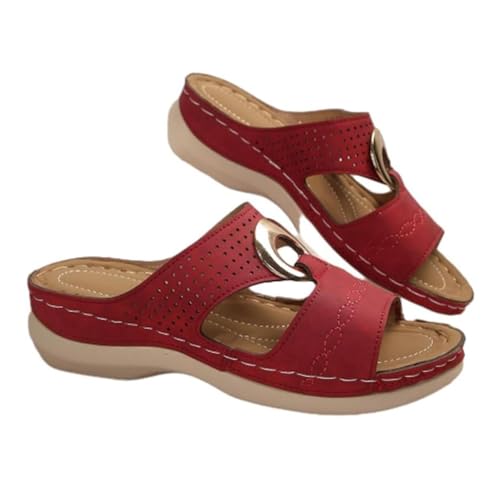 YJMZDZQ Damen-Sommersandalen Mit Keilabsatz, Bequeme Offene Slipper Mit Rutschfestem Plateau-Keilabsatz, Trendige Atmungsaktive Sommer-Strandsandalen Für Den Außenbereich, Für Spaziergänge(Red,43 EU) von YJMZDZQ
