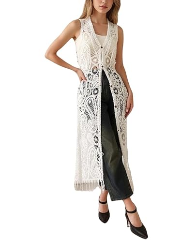 YJNZZENW Damen Casual Lange Häkelweste Boho Spitze Ärmellos Offene Vorderseite Button Down Cardigan Ausgehöhltes Blumenmuster Tankkleid Sommer Strand Bikini Überzug Top Beige L von YJNZZENW
