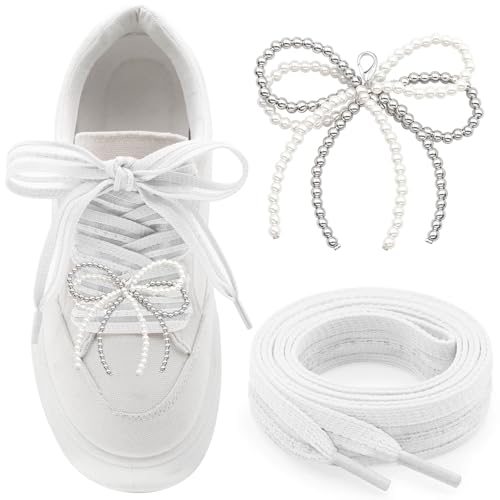 YJRVFINE 【Flach gestreifte Schnürsenkel】1 Paar Damen Sneakers Schnürsenkel mit 2 Perlenschleifen, 01 Weiße Schnürsenkel mit silberbeigen Perlenschleifen, 47 inch (120CM) von YJRVFINE