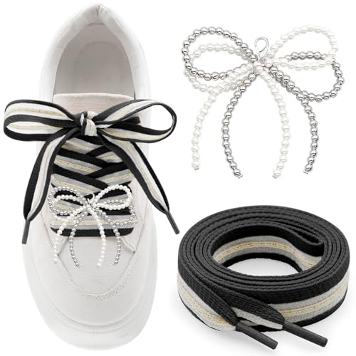 YJRVFINE 【Flach gestreifte Schnürsenkel】1 Paar Damen Sneakers Schnürsenkel mit 2 Perlenschleifen, 02 Schwarze Schnürsenkel mit silberbeigen Perlenschleifen, 47 inch (120CM) von YJRVFINE