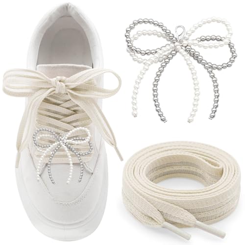 YJRVFINE 【Flach gestreifte Schnürsenkel】1 Paar Damen Sneakers Schnürsenkel mit 2 Perlenschleifen, 03 Beigefarbene Schnürsenkel mit silber-beigefarbenen Perlenschleifen, 47 inch (120CM) von YJRVFINE