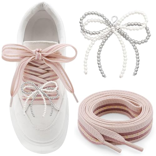 YJRVFINE 【Flach gestreifte Schnürsenkel】1 Paar Damen Sneakers Schnürsenkel mit 2 Perlenschleifen, 04 Rosa Schnürsenkel mit silberfarbenen beigen Perlenschleifen, 47 inch (120CM) von YJRVFINE
