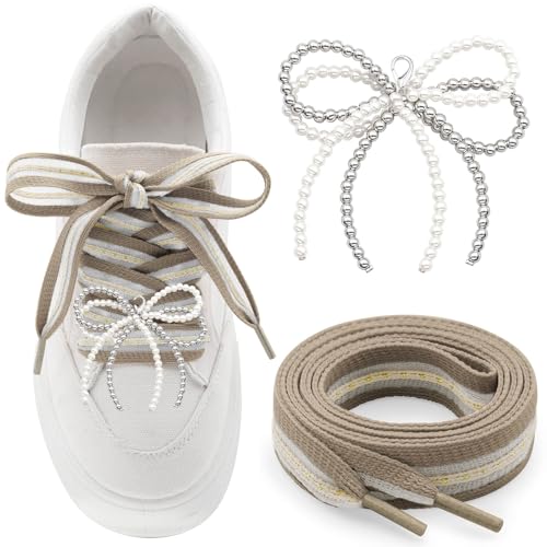 YJRVFINE 【Flach gestreifte Schnürsenkel】1 Paar Damen Sneakers Schnürsenkel mit 2 Perlenschleifen, 05 Khaki-Schnürsenkel mit silberbeigen Perlenschleifen, 47 inch (120CM) von YJRVFINE