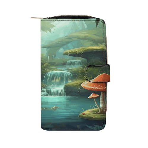 Geldbörse aus PU-Leder, Blick auf den Fantasy-Fluss mit Teich und Fischen, Pilz im Dschungelbäume-Druck, Geldbörse mit mehreren Fächern, faltbare Brieftasche, Reisebrieftasche, moderne Geldbörse, von YJWANDL