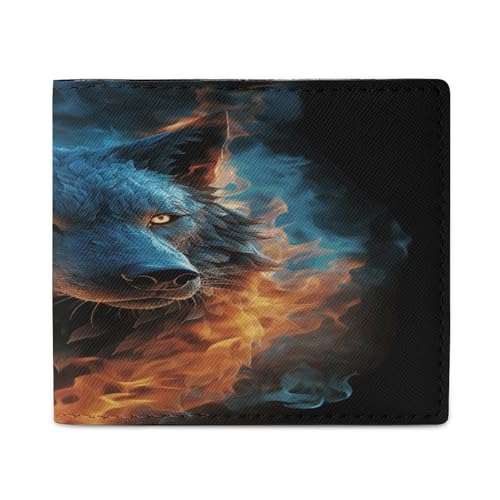 PU Leder Geldbörse Wolfskopf in Blau Flammen Druck Geldbörse mit mehreren Steckplätzen Bifold Wallet Travel Wallet Modern Wallet Elegant Wallet Stil One Size Minimalistisch, Stil:, Einheitsgröße, von YJWANDL