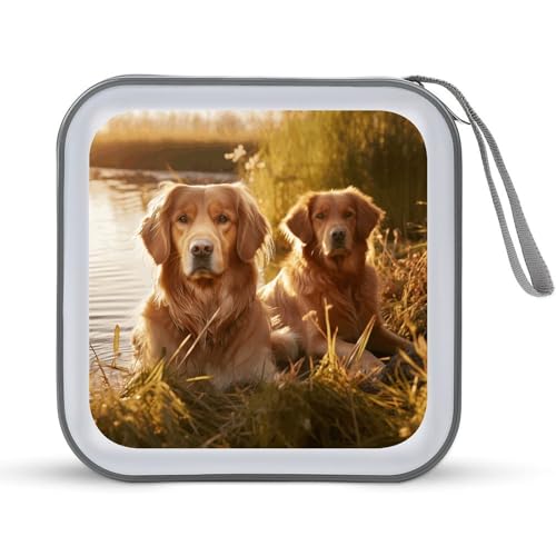 YJWANDL CD Aufbewahrungsbox, Zwei Golden Retrievers Print Reise CD Box Tragbare CD Box DVD Aufbewahrungsbox Kleine Tragbare CD Box Kratzfeste CD Box, Stil:, Einheitsgröße, Minimalistisch von YJWANDL