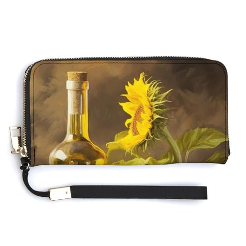YJWANDL Geldbörse aus PU-Leder, Weinrot mit gelbem Sonnenblumen-Druck, lange Geldbörse für Damen, Handheld-Clutch, Kartenhalter, Geldbörse, Stil, 20 x 10,5 cm, modern, Stil:, 20.0*10.5cm, Modern von YJWANDL