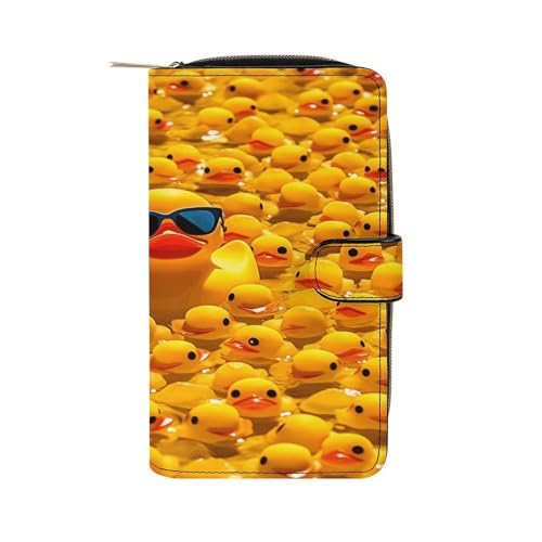 YJWANDL Geldbörse aus PU-Leder, gelbe Gummi-Ente mit Sonnenbrille-Druck, Geldbörse mit mehreren Fächern, faltbare Brieftasche, Reisebrieftasche, moderne Geldbörse, eleganter Stil, 19,7 x 11 x 3,5 cm, von YJWANDL