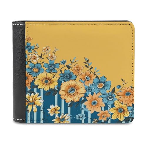 YJWANDL PU Leder Geldbörse, Gelb und Blau Blumendruck Geldbörse mit mehreren Steckplätzen Bifold Wallet Travel Wallet Modern Wallet Elegant Wallet Stil One Size Minimalistisch, Stil:, Einheitsgröße, von YJWANDL