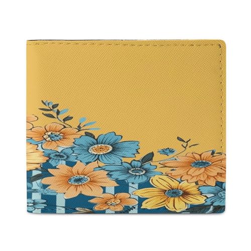 YJWANDL PU Leder Geldbörse, Gelb und Blau Blumendruck Geldbörse mit mehreren Steckplätzen Bifold Wallet Travel Wallet Modern Wallet Elegant Wallet Stil One Size Minimalistisch, Stil:, Einheitsgröße, von YJWANDL