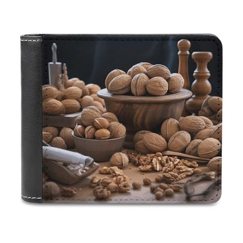 YJWANDL PU Leder Geldbörse, Walnuss Nüsse Druck Geldbörse mit mehreren Steckplätzen Bifold Wallet Travel Wallet Modern Wallet Elegant Wallet Stil One Size Minimalistisch, Stil:, Einheitsgröße, von YJWANDL