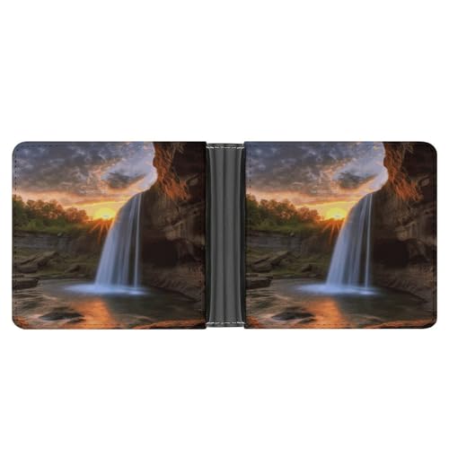 YJWANDL PU Leder Geldbörse, Wasserfall bei Sonnenuntergang Druck Geldbörse mit mehreren Steckplätzen Bifold Wallet Travel Wallet Modern Wallet Elegant Wallet Stil One Size Minimalistisch, Stil:, von YJWANDL