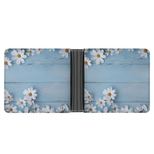 YJWANDL PU Leder Geldbörse Blumen Hellblau Holzdruck Geldbörse mit mehreren Steckplätzen Bifold Wallet Reise Brieftasche Moderne Brieftasche Elegante Brieftasche Stil One Size Minimalistisch, Stil:, von YJWANDL