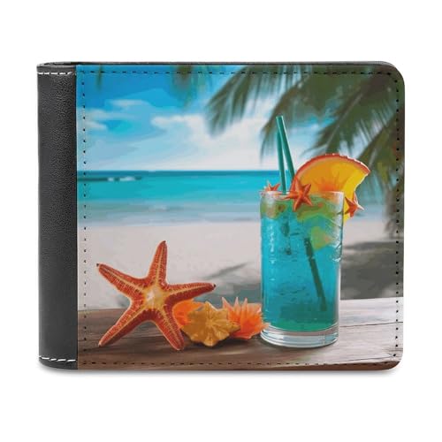 YJWANDL PU Leder Geldbörse Tropischer Cocktail mit Seestern Druck Geldbörse mit mehreren Steckplätzen Bifold Wallet Travel Wallet Modern Wallet Elegant Wallet Stil One Size Minimalistisch, Stil:, von YJWANDL