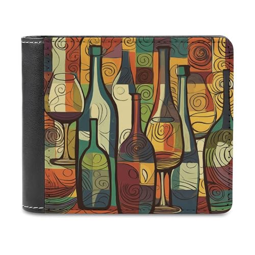 YJWANDL PU Leder Geldbörse Weinflasche Kunstdruck Geldbörse mit mehreren Steckplätzen Bifold Wallet Reise Brieftasche Moderne Brieftasche Elegante Brieftasche Stil One Size Minimalistisch, Stil:, von YJWANDL