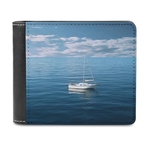 YJWANDL PU Leder Geldbörse Weiß Boot auf blauem Meer Druck Geldbörse mit mehreren Steckplätzen Bifold Wallet Reise Brieftasche Moderne Brieftasche Elegante Brieftasche Stil One Size Minimalistisch, von YJWANDL