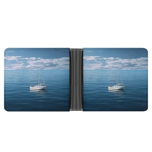YJWANDL PU Leder Geldbörse Weiß Boot auf blauem Meer Druck Geldbörse mit mehreren Steckplätzen Bifold Wallet Reise Brieftasche Moderne Brieftasche Elegante Brieftasche Stil One Size Minimalistisch, von YJWANDL