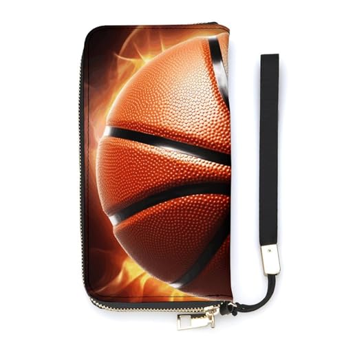 YJWANDO Geldbörse aus PU-Leder, Motiv: Basketball auf Feuer, moderne Damengeldbörse, lange Geldbörse für Frauen, Handheld-Clutch, Stil, 20 x 10,5 cm, modern, Stil:, 20x10.5cm, Modern von YJWANDO
